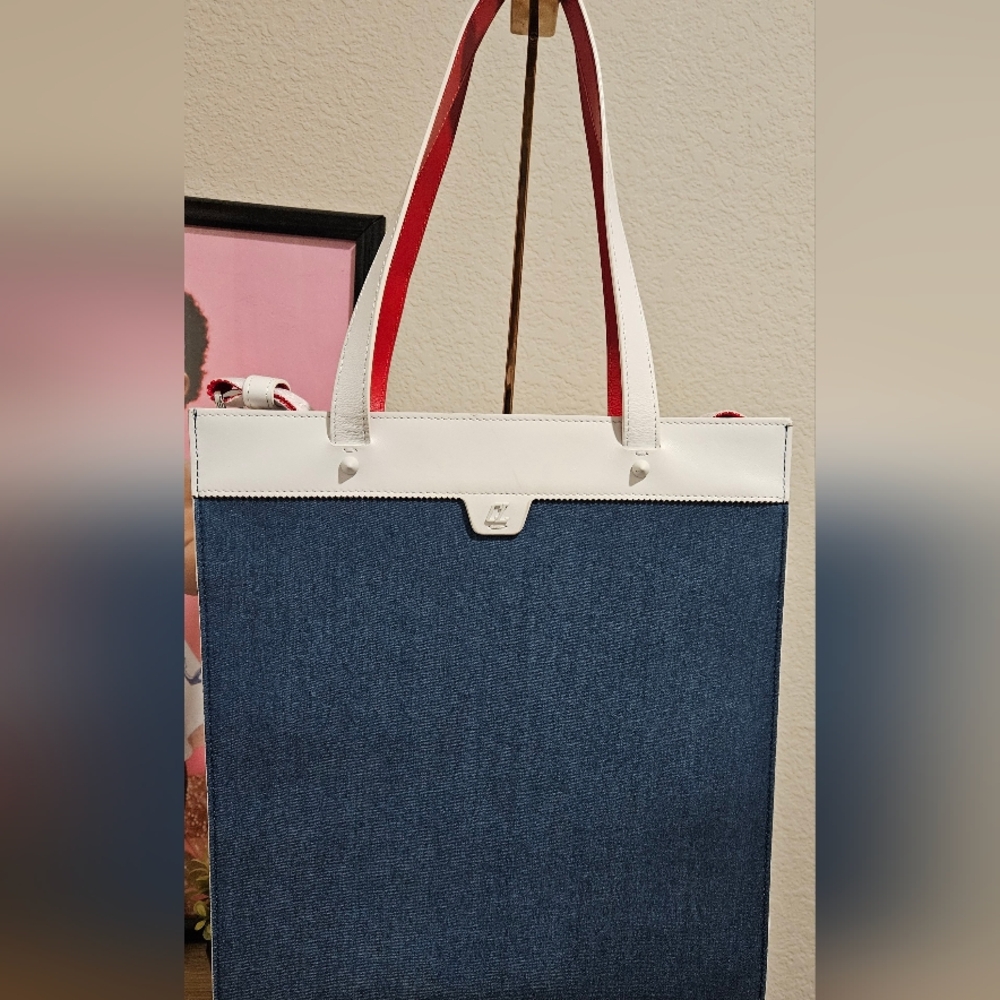 Christian Loubution Japan Exclusive Denim Tote with White Trim and Red Handles